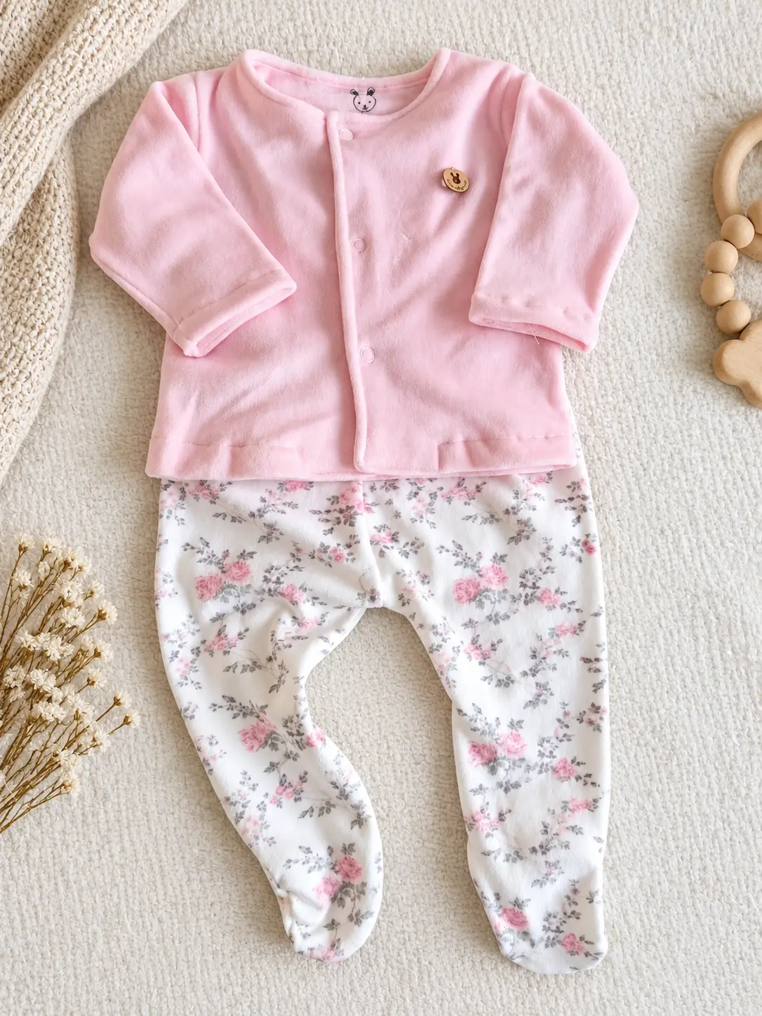 Batita rosa y pantalón o pelele con florcita