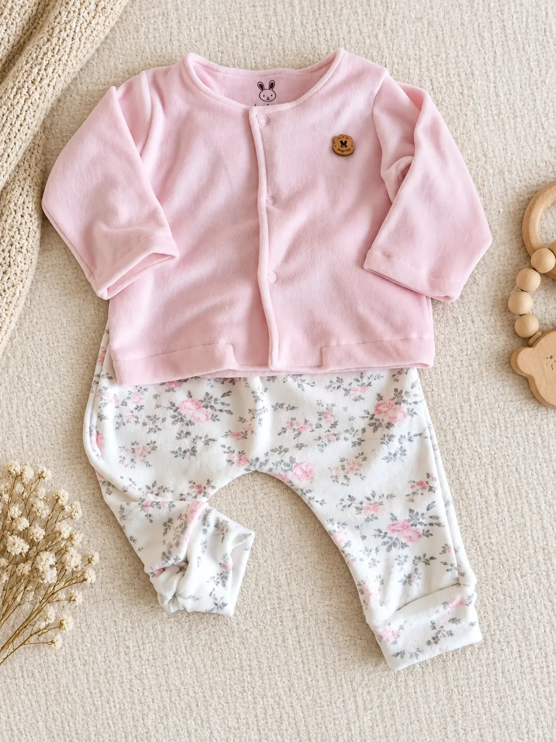Batita rosa y pantalón o pelele con florcita